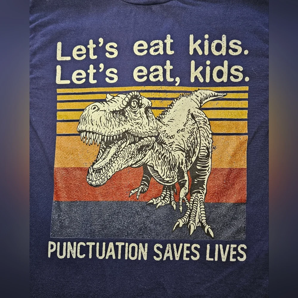 Small Men's Blue Dinosaur Graphic T-Shirt With Funny Saying - Used - Picture 2 of 5